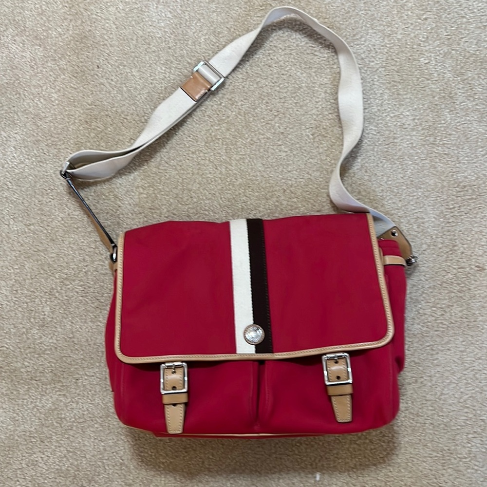 Coach Voyage Red Canvas W/Tan Leather Trim Crossbody Messenger Bag